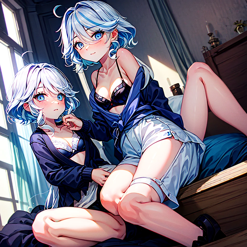 (masterpiece, Highest quality: 1.2), Ink Painting、White and blue hair、Flat Chest、blue eyes、Freena、naked、Cute Underwear、Lying in bed、Embarrassed、Blushing