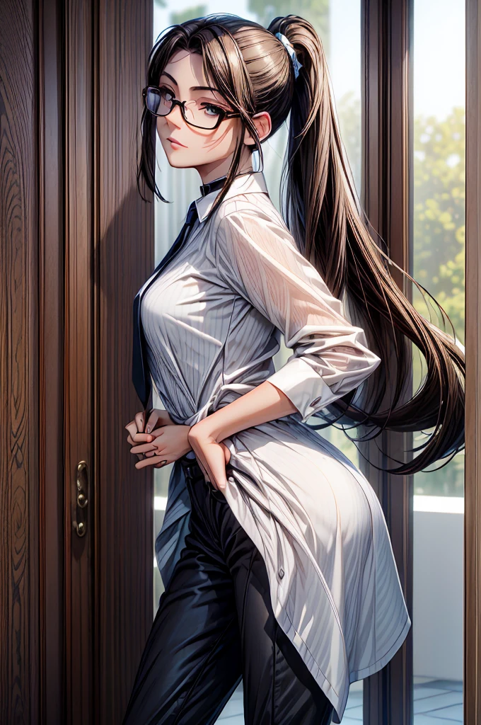 (masterpiece, best quality:1.2), detailed face, detailed eyes, elegant woman, long hair, high heeled, shiny skin, welcomes you at the door, dress shirt, pants, random collar, ponytail hair, cool attitude, cool glasses, exciting, cool, (perfect hands:1)