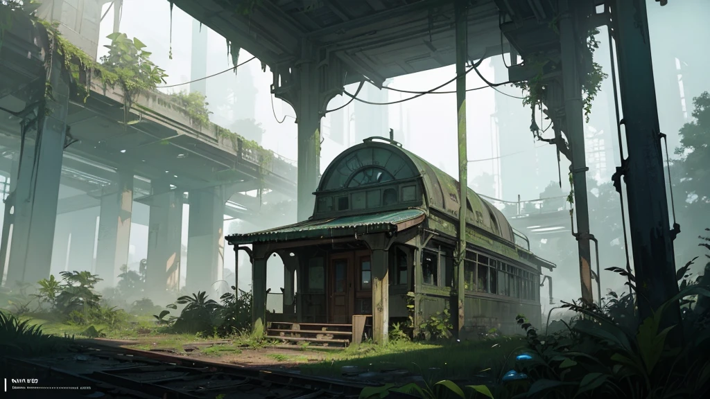 futuristic abandoned railway station, overgrown with lush vegetation, time-worn and decaying, a surreal and dystopian landscape, intricate details, cinematic lighting, moody atmosphere, photorealistic, highly detailed, 8k, masterpiece