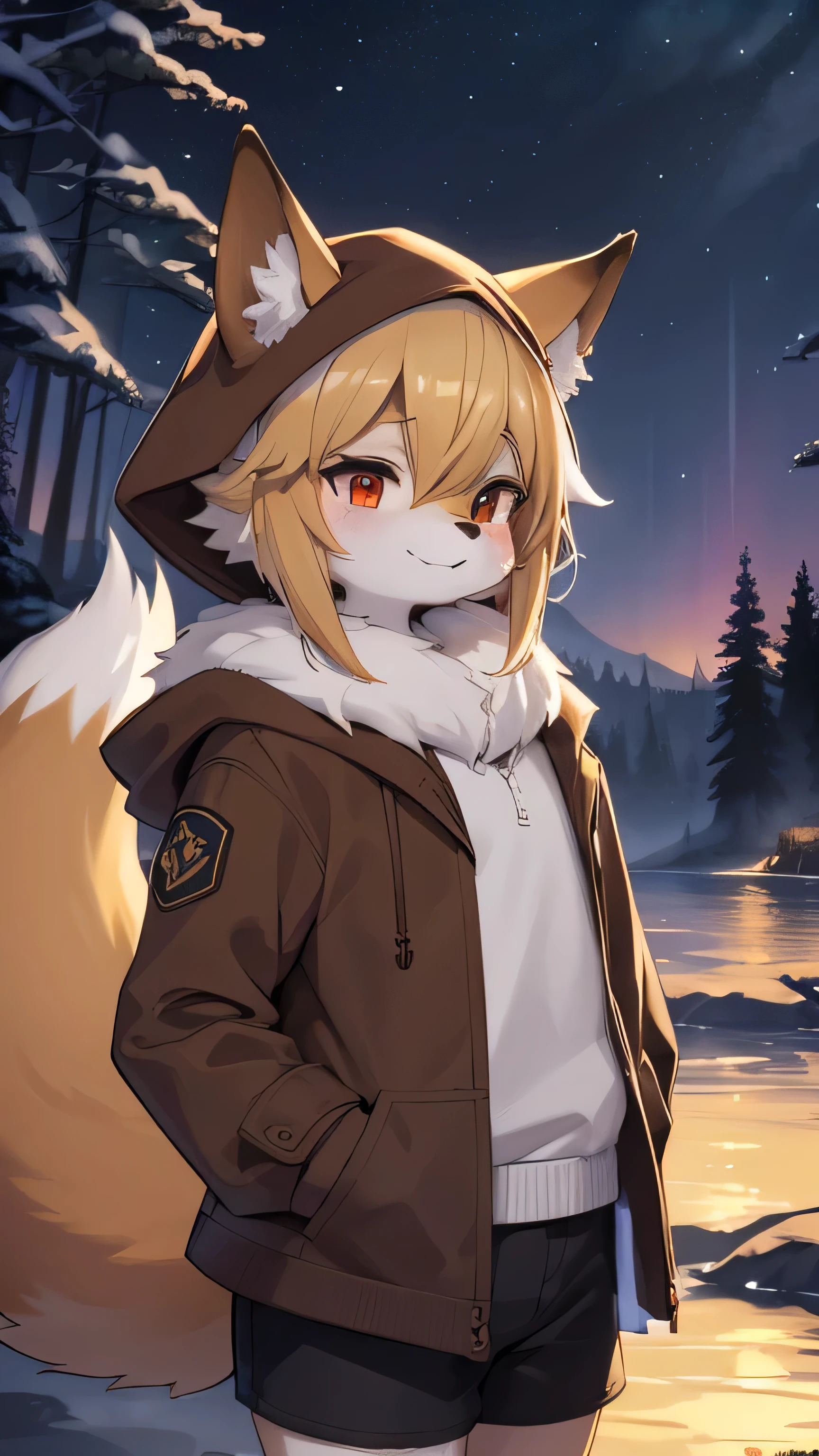 Shota the fox，earrings, assault rifle, hairy pubic，shaggy，Skin fur，Golden fur，Golden yellow face fur, Short straight blonde hair，Eyes have light，Red eyes，Brown elements on fur，Brown coat brown hood up，White top，brown shorts，Beautiful lights and shadows，Ambient light，Ultra-fine fur，volumettic light,natural  lightting，fox tails，Fluffy tail，No Man, Glowing tree，Lake, dark scenery, rain，Night，starrysky，Vast landscape，crossed bangs, Hairline, Shiny hair, lone nape hair, ，The smiley face has a faint blush, smiley，Sleepy，（Oversized Full Moon：1.2），（Meteors：0.9），（Starcloud：1.3）（Warm light source：1.2），Aurora，snowing，snowfield, Extra-long sleeves， Purple and orange，Complicated details，Volumetriclighting，Realist breakthrough（tmasterpiece：1.2）（best qualtiy），4K，Ultra-delicate，（Dynamic configuration：1.4），Highly detailed and colorful details，（Irridescent color ：1.2），（luminouslighting，Atmospheric lighting），dream magical，magic，solo，Glowing light,Light blush, ，Single+