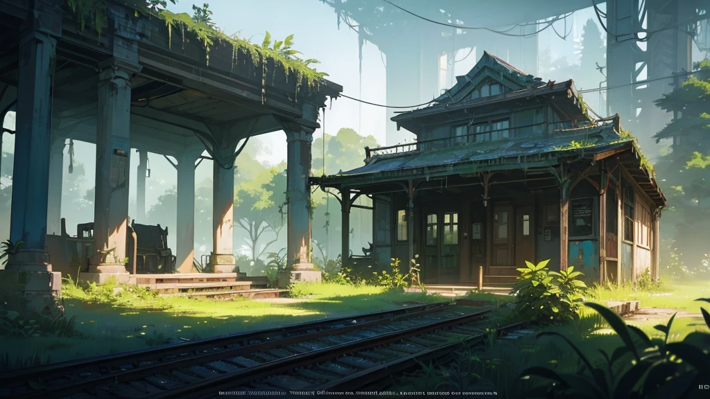 futuristic abandoned railway station, overgrown with lush vegetation, time-worn and decaying, a surreal and dystopian landscape, intricate details, cinematic lighting, moody atmosphere, photorealistic, highly detailed, 8k, masterpiece