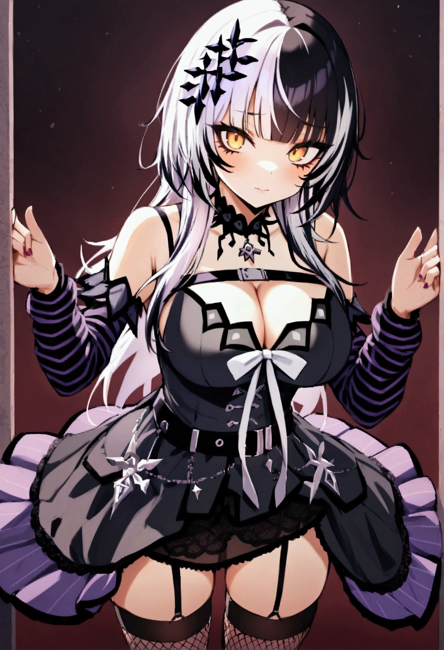 masterpiece, best quality, 1girl, shiori novella, Hololive, holoadvent, cowboy shot, ShioriBase, split-color hair, white hair, black hair, yellow eyes, hair ornament, lace choker, black dress, layered dress, sleeveless, cleavage, chest belt, white ribbon, black belt, striped thighhigh, fishnet socks, mismatched legwear, arms strap, arm warmers, breasts, solo, striped, thighhighs, large breasts, jewelry, dress, looking at viewer, detached sleeves, multicolored hair, long hair, striped sleeves, bangs, belt, bare shoulders,