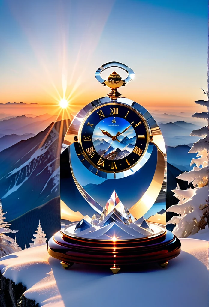 "Crystal Clock on Mountain Peak: A transparent crystal watch, delicately carved, placed on the peak of a snowy mountain. The rising sun casts an ethereal glow across the clock, while the horizon stretches infinitely, symbolizing the purity and eternity of time.."