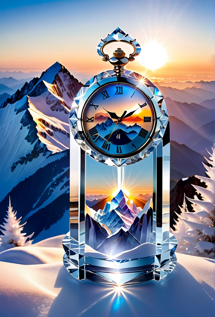 "Crystal Clock on Mountain Peak: A transparent crystal watch, delicately carved, placed on the peak of a snowy mountain. The rising sun casts an ethereal glow across the clock, while the horizon stretches infinitely, symbolizing the purity and eternity of time.."