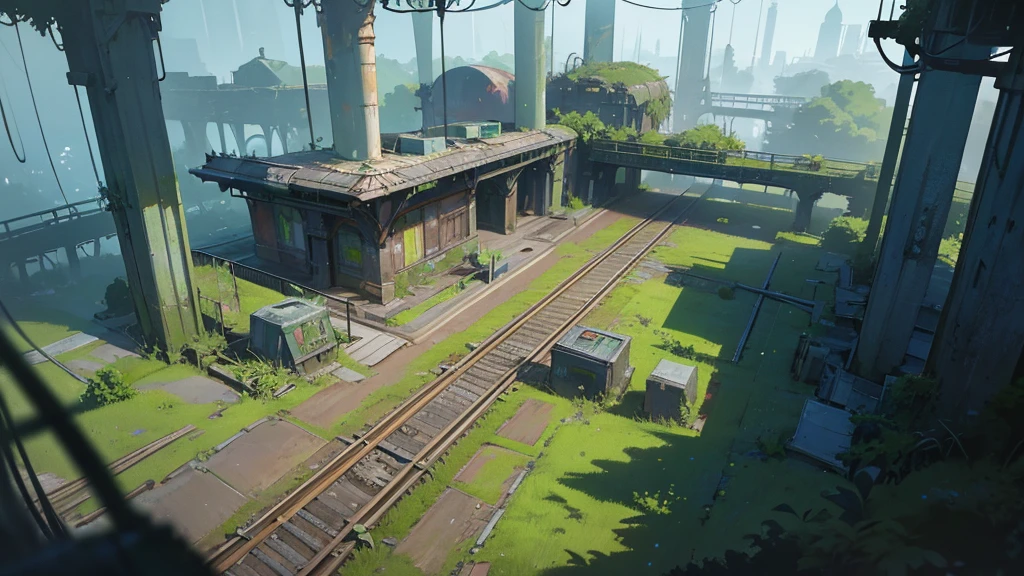 futuristic abandoned railway station, covered in lush vegetation, worn and decaying, a surreal and dystopian landscape, intricate details, cinematic lighting, moody atmosphere, photorealistic, highly detailed, 8k, masterpiece, scenery seen from above just like in an RGP table!