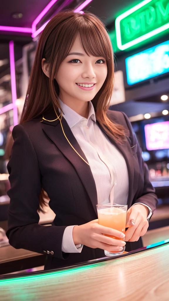 A scene of a woman wearing a low-cut suit sitting in a chair and flashing her best smile in a love hotel at night in a city lit up by neon lights.