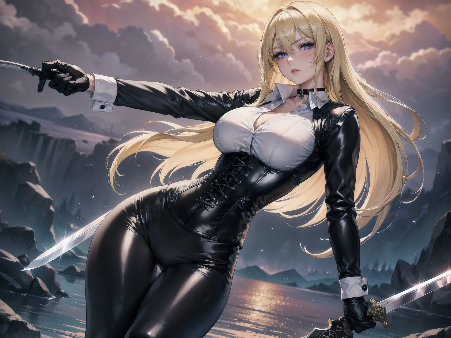 Masterpiece, Superior image quality, high resolution, 4k image,photo and gross, photorealistic, whole body, 1 young blonde of , fighting pose, {{{vagina}}}, big breasts, beautiful face, Long blonde hair, blue eyes, very detailed eyes, pink cheeks, serious expression, choker:1.6, (white collar button down long sleeve shirt), black gloves, gloves that cover hands, (wields a sword in his right hand), (black leather corset), (shiny black leggings), Sensual Lips, show details in the eyes, View from the front, looking at the viewer, standing on the shore of a lagoon, gloomy lagoon, Atmosphere, crimson sky