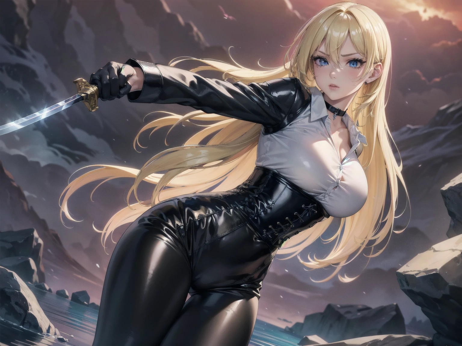 Masterpiece, Superior image quality, high resolution, 4k image,photo and gross, photorealistic, whole body, ung blonde of 15 years, fighting pose, {{{vagina}}}, big breasts, beautiful face, Long blonde hair, blue eyes, very detailed eyes, pink cheeks, serious expression, choker:1.6, (white collar button down long sleeve shirt), black gloves, gloves that cover hands, (wields a sword in his right hand), (black leather corset), (shiny black leggings), Sensual Lips, show details in the eyes, View from the front, looking at the viewer, standing on the shore of a lagoon, gloomy lagoon, Atmosphere, crimson sky