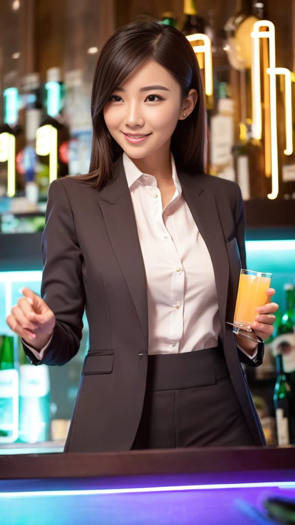 A beautiful woman in a stylish business suit、Enjoying a drink in a neon-lit bar、The scene where she shows off her best smile。The scenes are vivid and of high quality、Detailed and meticulously drawn。Beautiful woman's perfect face highlighted by neon lights、It creates a wonderful contrast。The bar is decorated with colorful neon signs.、There is a lively atmosphere。Business suits are sophisticated and stylish.、It accentuates her elegant appearance。Ultra-realistic 8K resolution throughout、Captures every detail。Her face is full of joy、With beautiful eyes and a perfect smile、It gives the scene a sense of life and charm.。