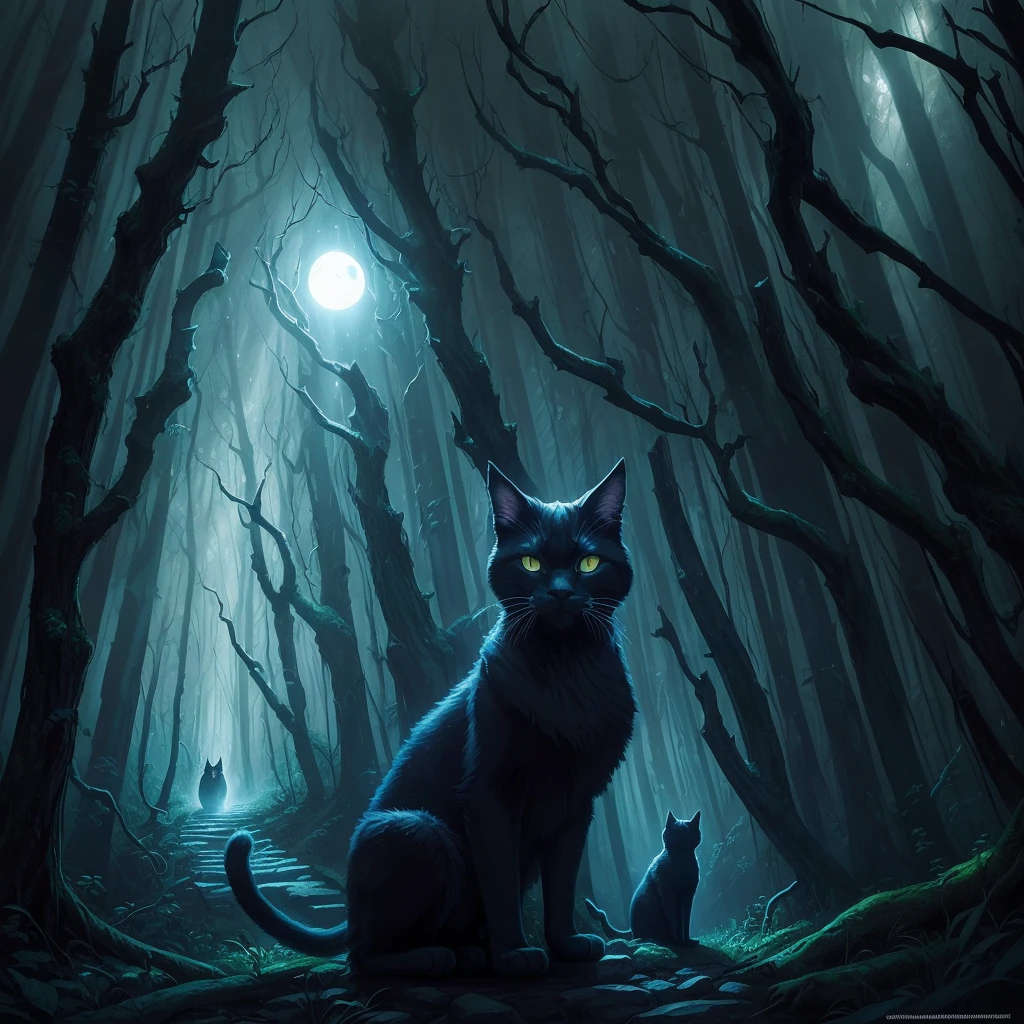 illustration of a black cat with a glowing face in a forest, by Wolf Huber, by Whitney Darrow, by Justin Gerard, by Clément Serveau, by Adam Paquette, by Clint Cearley, an ominous fantasy illustration, by Craig Thompson, by Chris Rahn, by Greg Staples, by Nuno Gonçalves