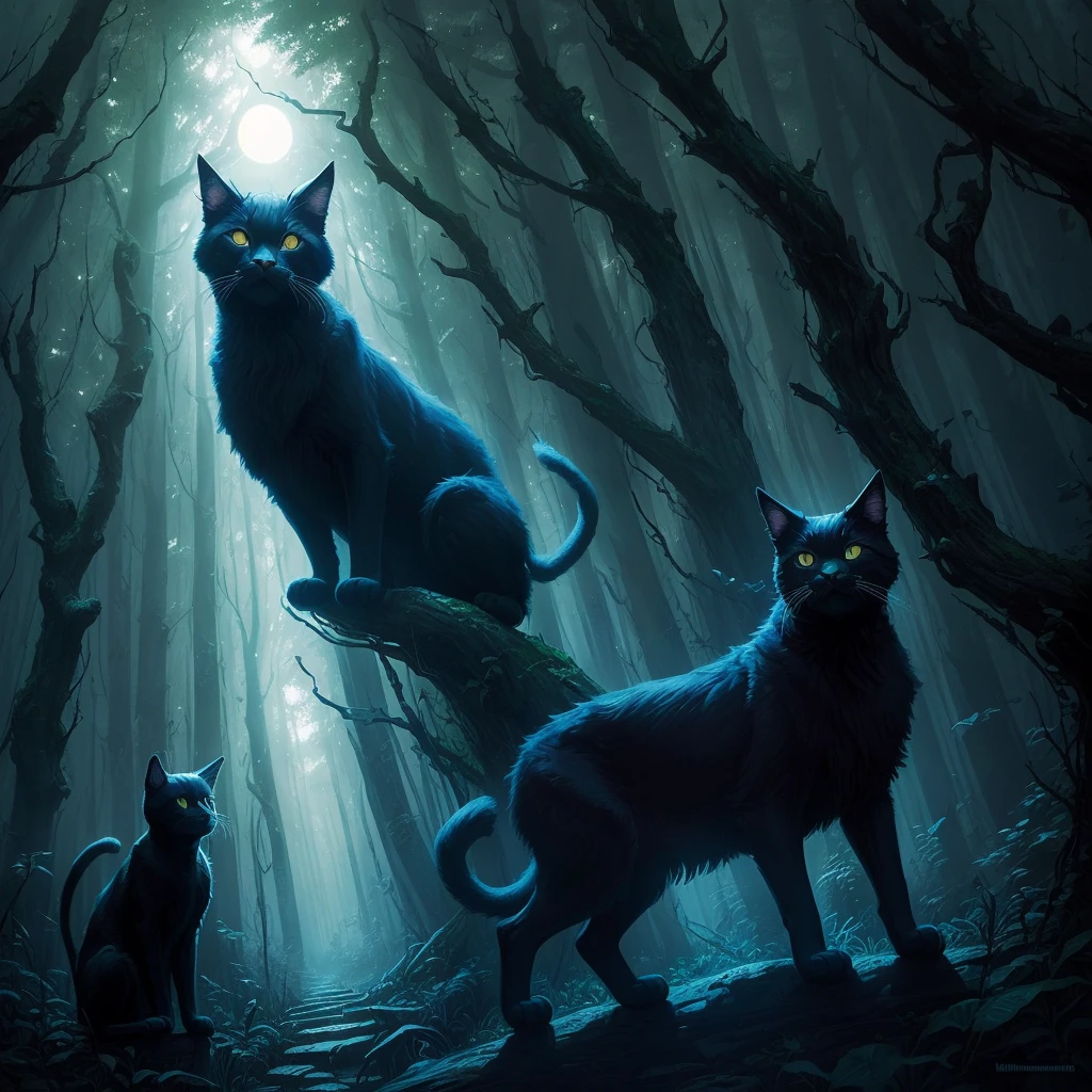 illustration of a black cat with a glowing face in a forest, by Wolf Huber, by Whitney Darrow, by Justin Gerard, by Clément Serveau, by Adam Paquette, by Clint Cearley, an ominous fantasy illustration, by Craig Thompson, by Chris Rahn, by Greg Staples, by Nuno Gonçalves