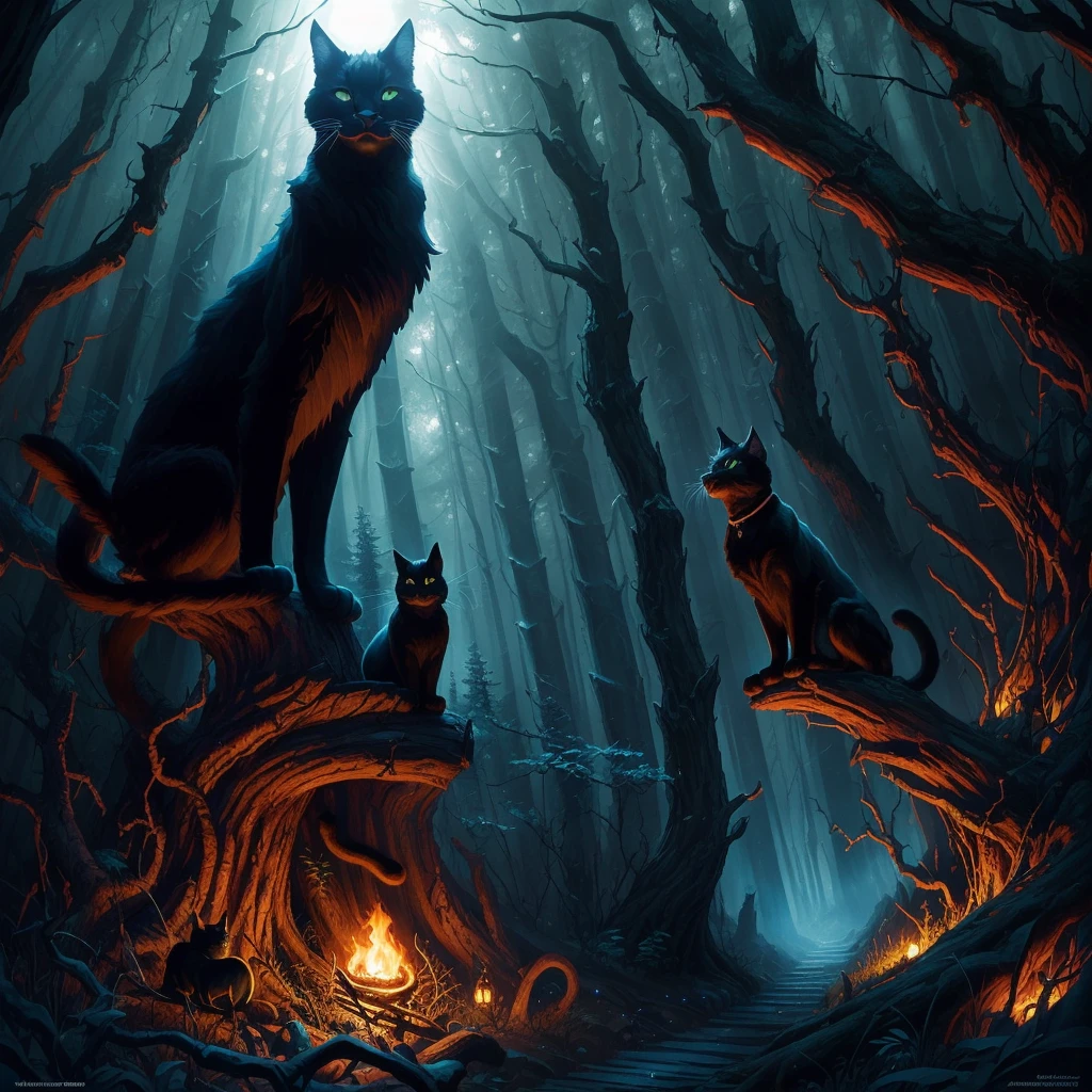 illustration of a black cat with a glowing face in a forest, by Wolf Huber, by Whitney Darrow, by Justin Gerard, by Clément Serveau, by Adam Paquette, by Clint Cearley, an ominous fantasy illustration, by Craig Thompson, by Chris Rahn, by Greg Staples, by Nuno Gonçalves