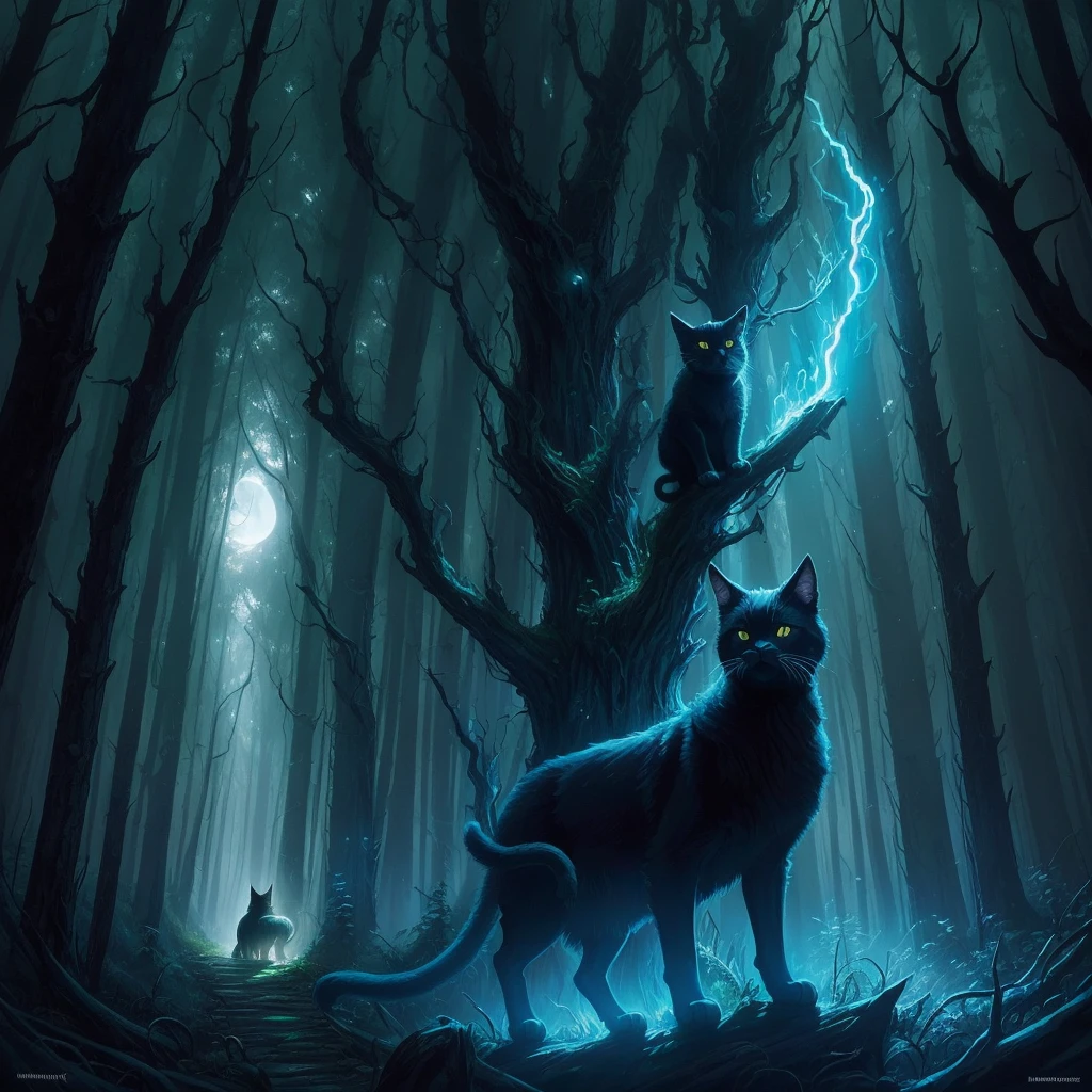 illustration of a black cat with a glowing face in a forest, by Wolf Huber, by Whitney Darrow, by Justin Gerard, by Clément Serveau, by Adam Paquette, by Clint Cearley, an ominous fantasy illustration, by Craig Thompson, by Chris Rahn, by Greg Staples, by Nuno Gonçalves