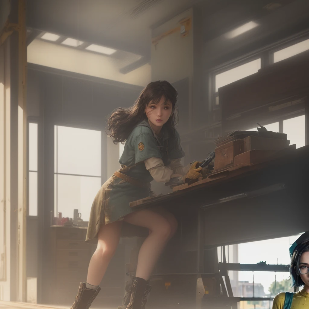 Woman with boots, low soles, mid-calf boots, clean workshop floor, car in the background near the window, delicate female feet with yellow boots (well-lit, warm natural light, rustic and ornate mechanical workshop, automobile ao lado, (automobile:0,5), table with tools, clean and organized floor, background window, steel doors, (vehicle polishing table:0,6 ):1.3) (confident, friendly, dominant, Intimidating Enforcer:1.1)