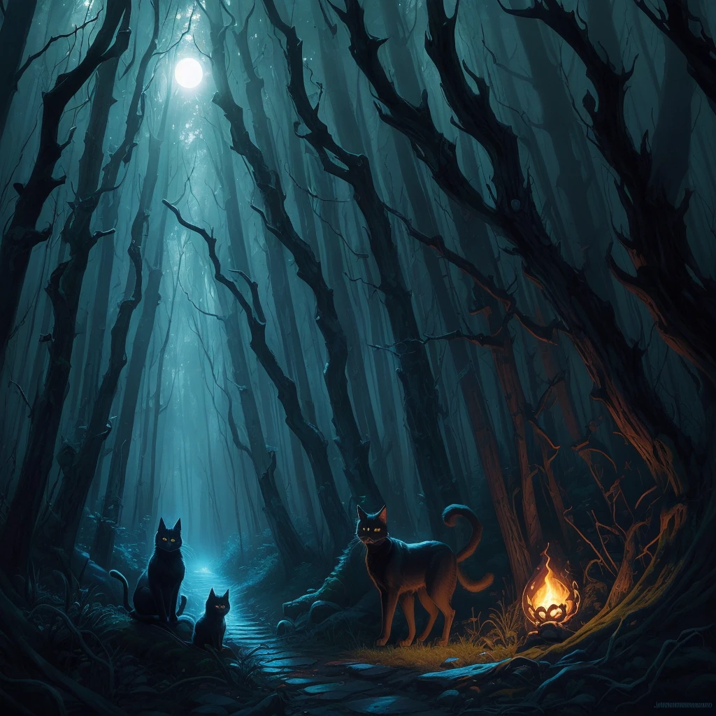 illustration of a black cat with a glowing face in a forest, by Wolf Huber, by Whitney Darrow, by Justin Gerard, by Clément Serveau, by Adam Paquette, by Clint Cearley, an ominous fantasy illustration, by Craig Thompson, by Chris Rahn, by Greg Staples, by Nuno Gonçalves