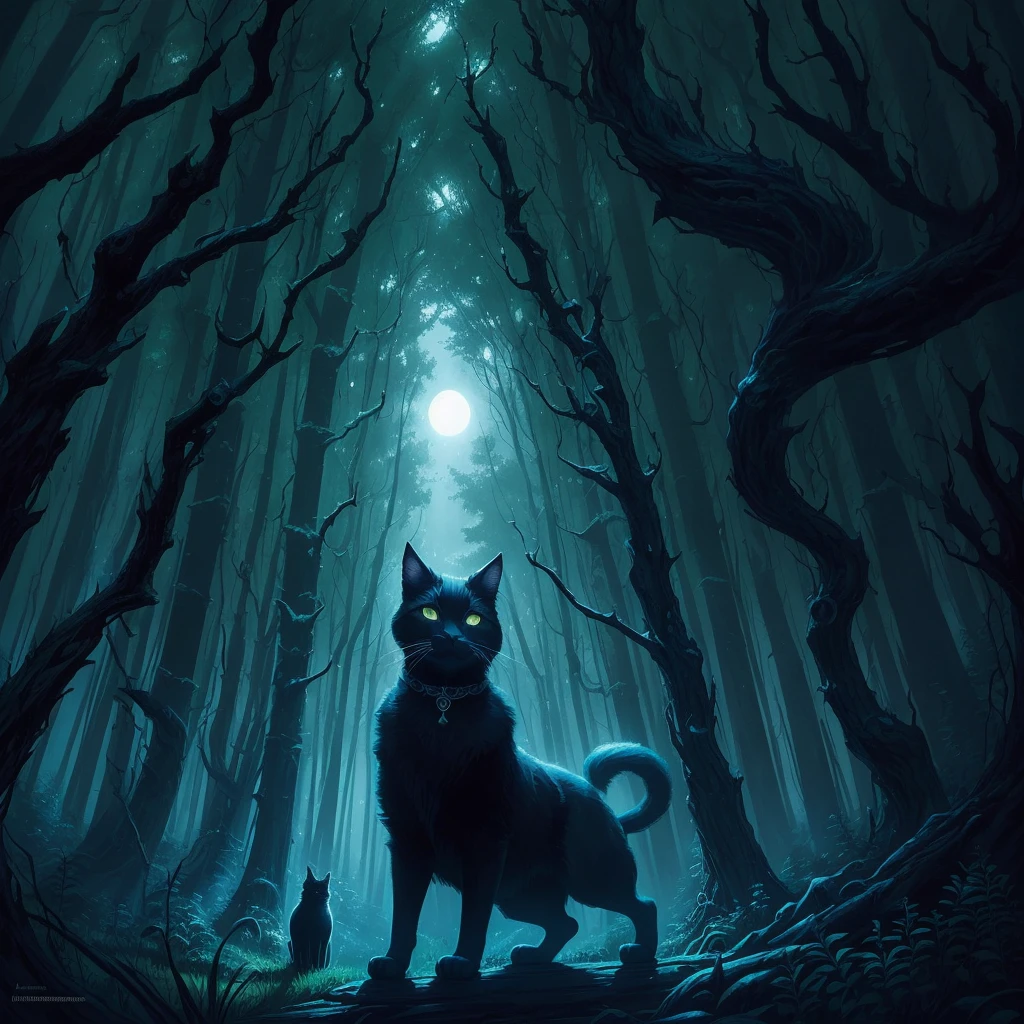 illustration of a black cat with a glowing face in a forest, by Wolf Huber, by Whitney Darrow, by Justin Gerard, by Clément Serveau, by Adam Paquette, by Clint Cearley, an ominous fantasy illustration, by Craig Thompson, by Chris Rahn, by Greg Staples, by Nuno Gonçalves