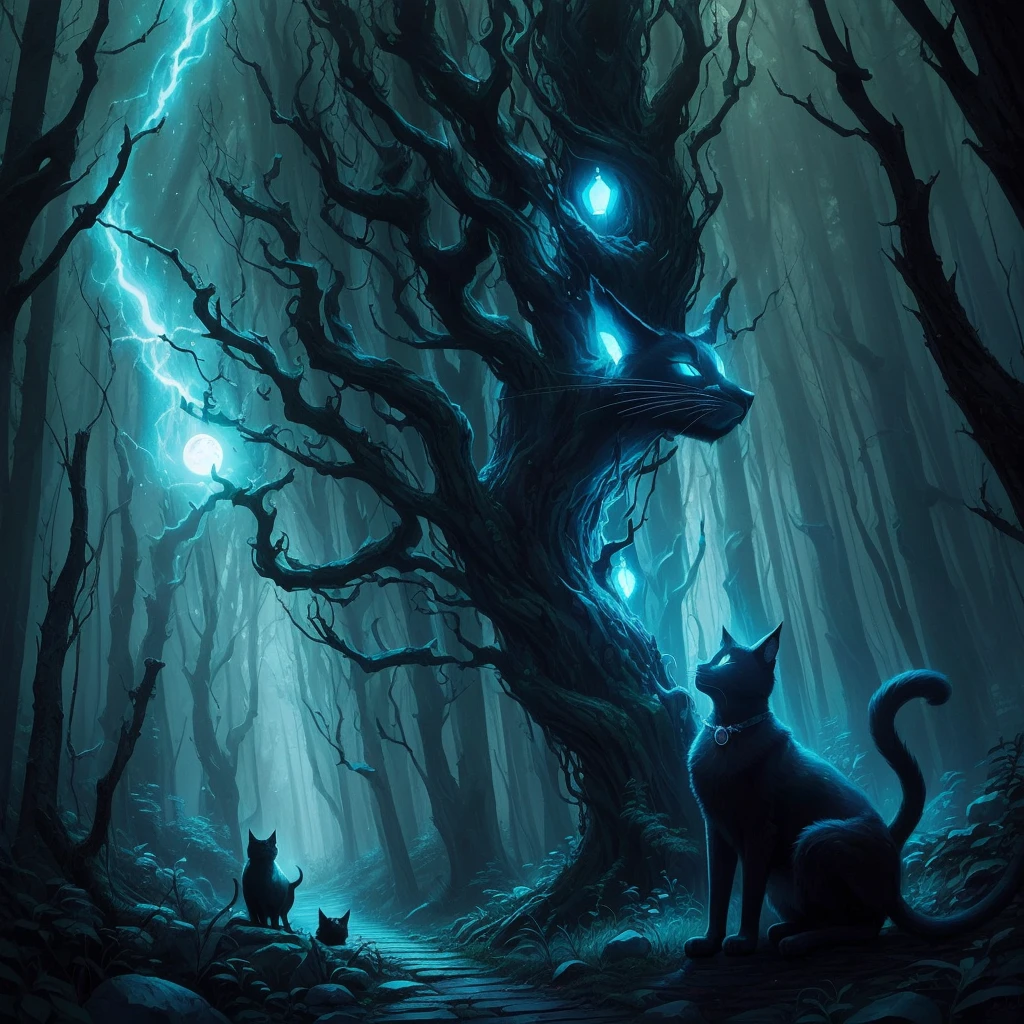 illustration of a black cat with a glowing face in a forest, by Wolf Huber, by Whitney Darrow, by Justin Gerard, by Clément Serveau, by Adam Paquette, by Clint Cearley, an ominous fantasy illustration, by Craig Thompson, by Chris Rahn, by Greg Staples, by Nuno Gonçalves