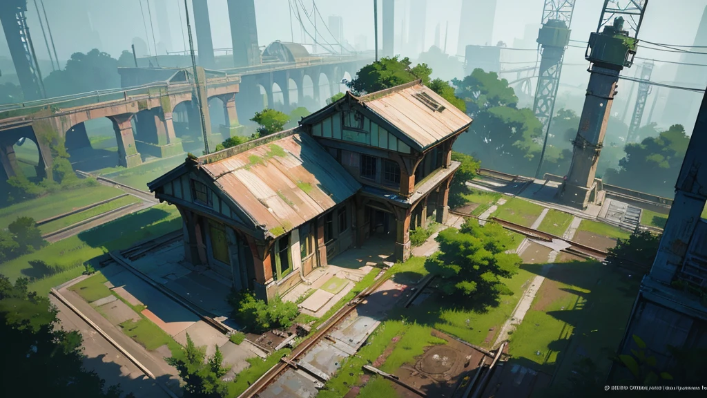 futuristic abandoned railway station, covered in lush vegetation, worn and decaying, a surreal and dystopian landscape, intricate details, cinematic lighting, moody atmosphere, photorealistic, highly detailed, 8k, masterpiece, scenery seen from above just like in an RGP table!