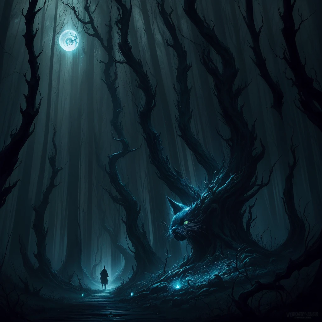 illustration of a black cat with a glowing face in a forest, a storybook illustration by Wolf Huber, Artstation, conceptual art, an ominous fantasy illustration, ominous creature hiding detailed, style of jeff soto, in style of dark fantasy art, nightmarish illustration, by greg rutkowski, very very well detailed image, eerie and grim art style