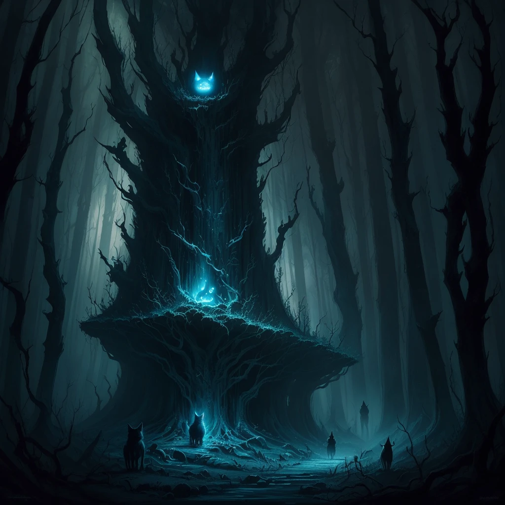 illustration of a black cat with a glowing face in a forest, a storybook illustration by Wolf Huber, Artstation, conceptual art, an ominous fantasy illustration, ominous creature hiding detailed, style of jeff soto, in style of dark fantasy art, nightmarish illustration, by greg rutkowski, very very well detailed image, eerie and grim art style