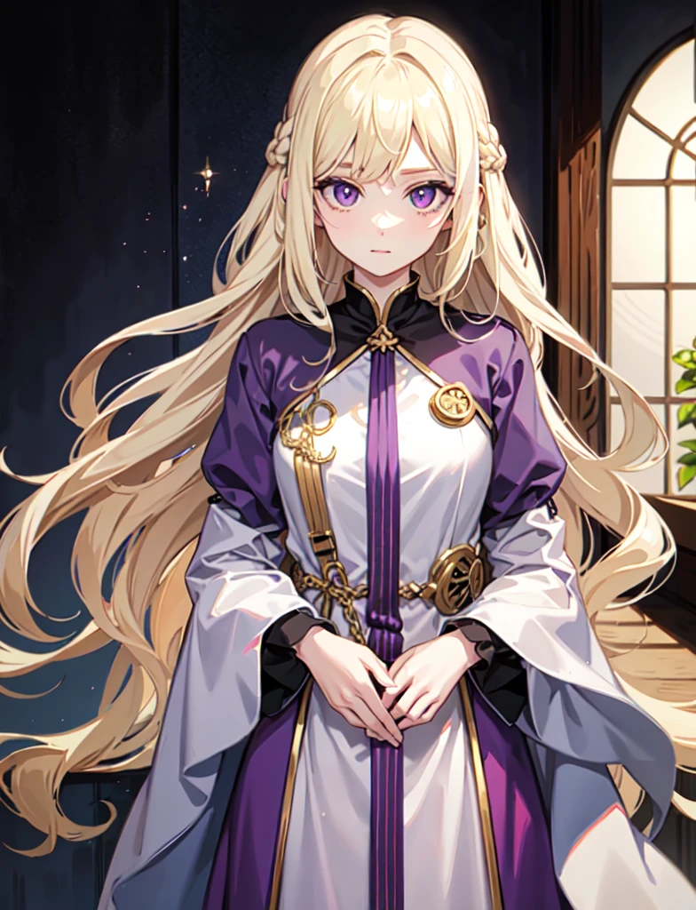 blonde, pale skin, long  hair, wavy, big purple eyes, olis, adult, beatiful house, time of feudalism.