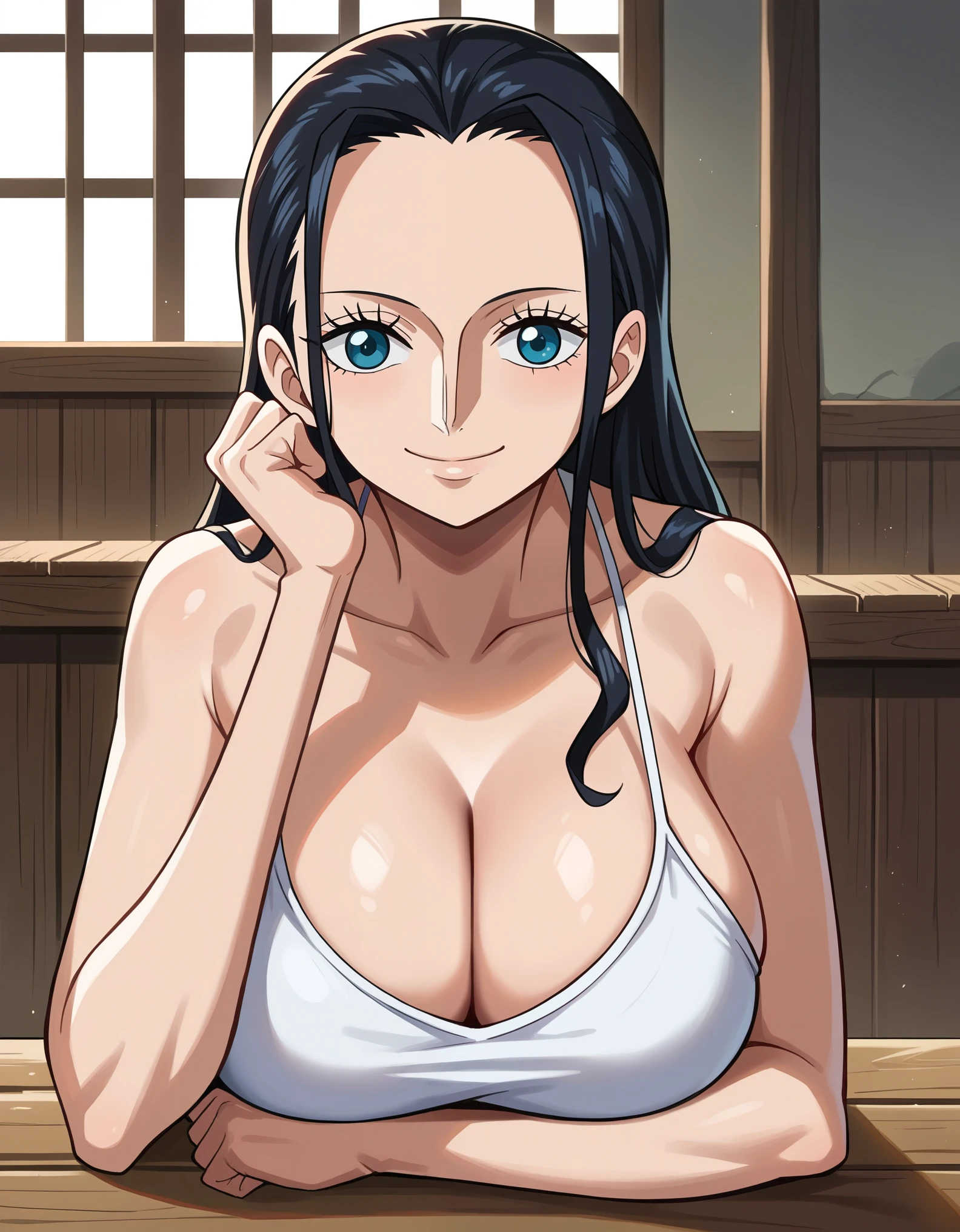 score_9, score_8_up, score_7_up, source_anime, best quality, clear face, 1girl, Nico Robin, black hair, long hair, blue eyes, large breasts, white camisole, cleavage, smile, looking at viewer, indoor, from front, upper body, head rest, wood table, breasts on table, squeezing breasts