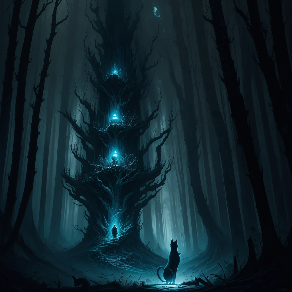 illustration of a black cat with a glowing face in a forest, by Wolf Huber, by Whitney Darrow, by Justin Gerard, by Clément Serveau, by Adam Paquette, by Clint Cearley, an ominous fantasy illustration, by Craig Thompson, by Chris Rahn, by Greg Staples, by Nuno Gonçalves