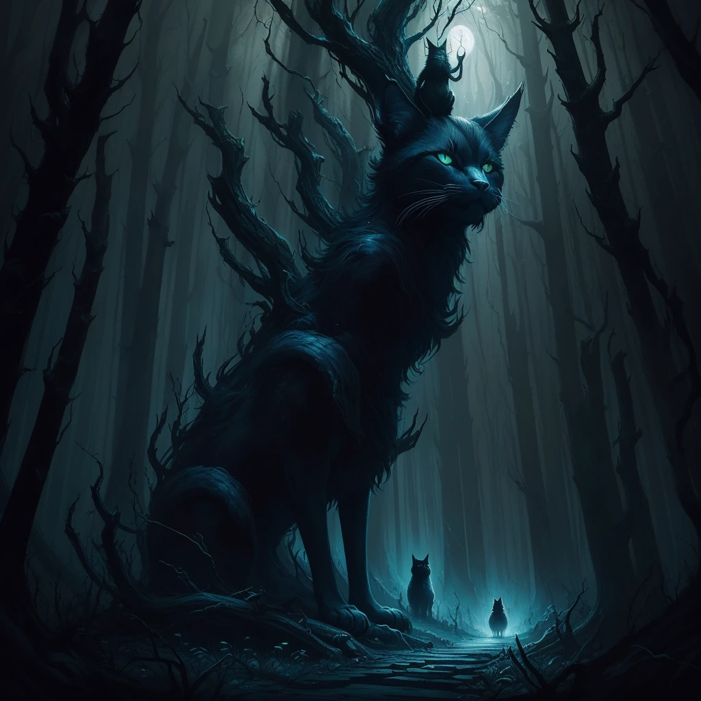 illustration of a black cat with a glowing face in a forest, by Wolf Huber, by Whitney Darrow, by Justin Gerard, by Clément Serveau, by Adam Paquette, by Clint Cearley, an ominous fantasy illustration, by Craig Thompson, by Chris Rahn, by Greg Staples, by Nuno Gonçalves