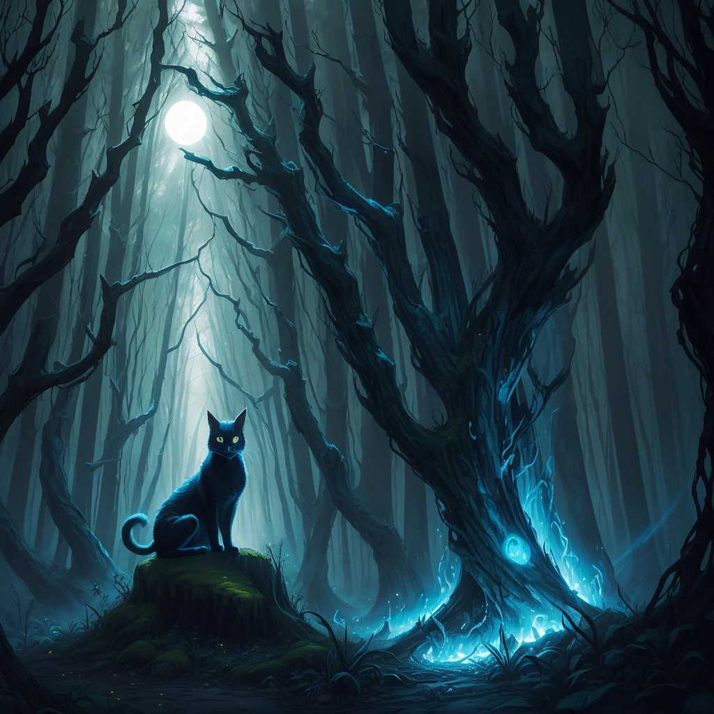illustration of a black cat with a glowing face in a forest, by Wolf Huber, by Whitney Darrow, by Justin Gerard, by Clément Serveau, by Adam Paquette, by Clint Cearley, an ominous fantasy illustration, by Craig Thompson, by Chris Rahn, by Greg Staples, by Nuno Gonçalves