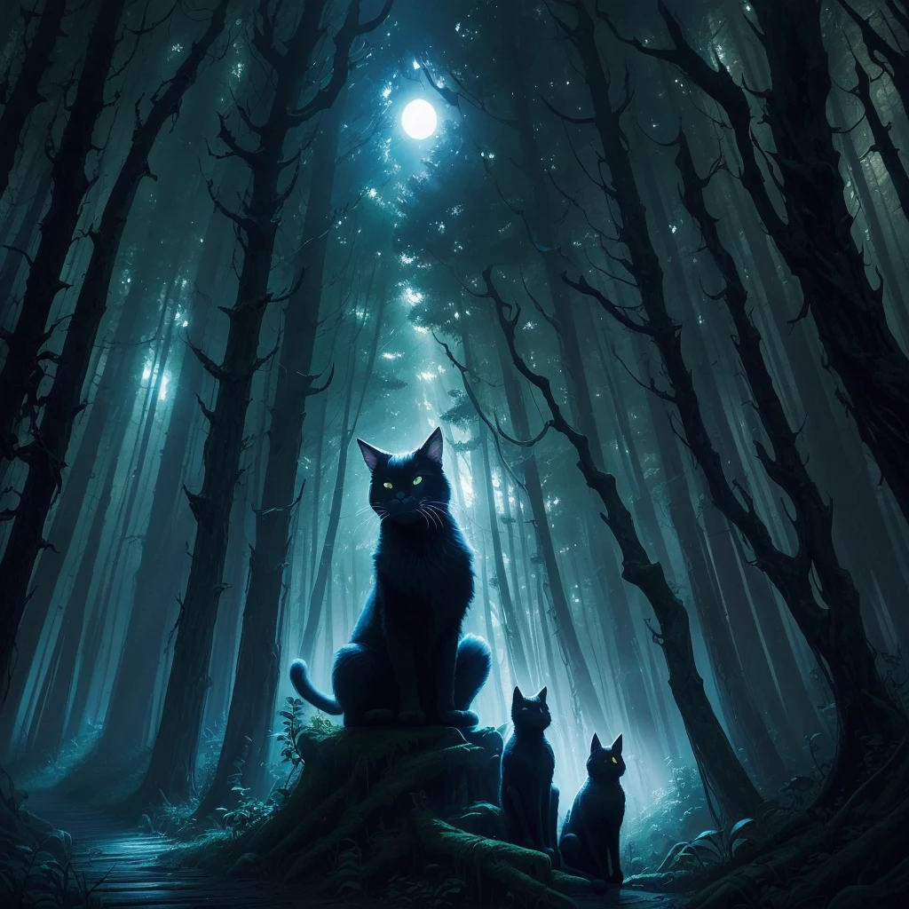 illustration of a black cat with a glowing face in a forest, by Wolf Huber, by Whitney Darrow, by Justin Gerard, by Clément Serveau, by Adam Paquette, by Clint Cearley, an ominous fantasy illustration, by Craig Thompson, by Chris Rahn, by Greg Staples, by Nuno Gonçalves