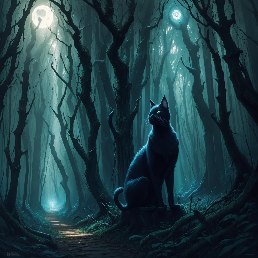 illustration of a black cat with a glowing face in a forest, by Wolf Huber, by Whitney Darrow, by Justin Gerard, by Clément Serveau, by Adam Paquette, by Clint Cearley, an ominous fantasy illustration, by Craig Thompson, by Chris Rahn, by Greg Staples, by Nuno Gonçalves