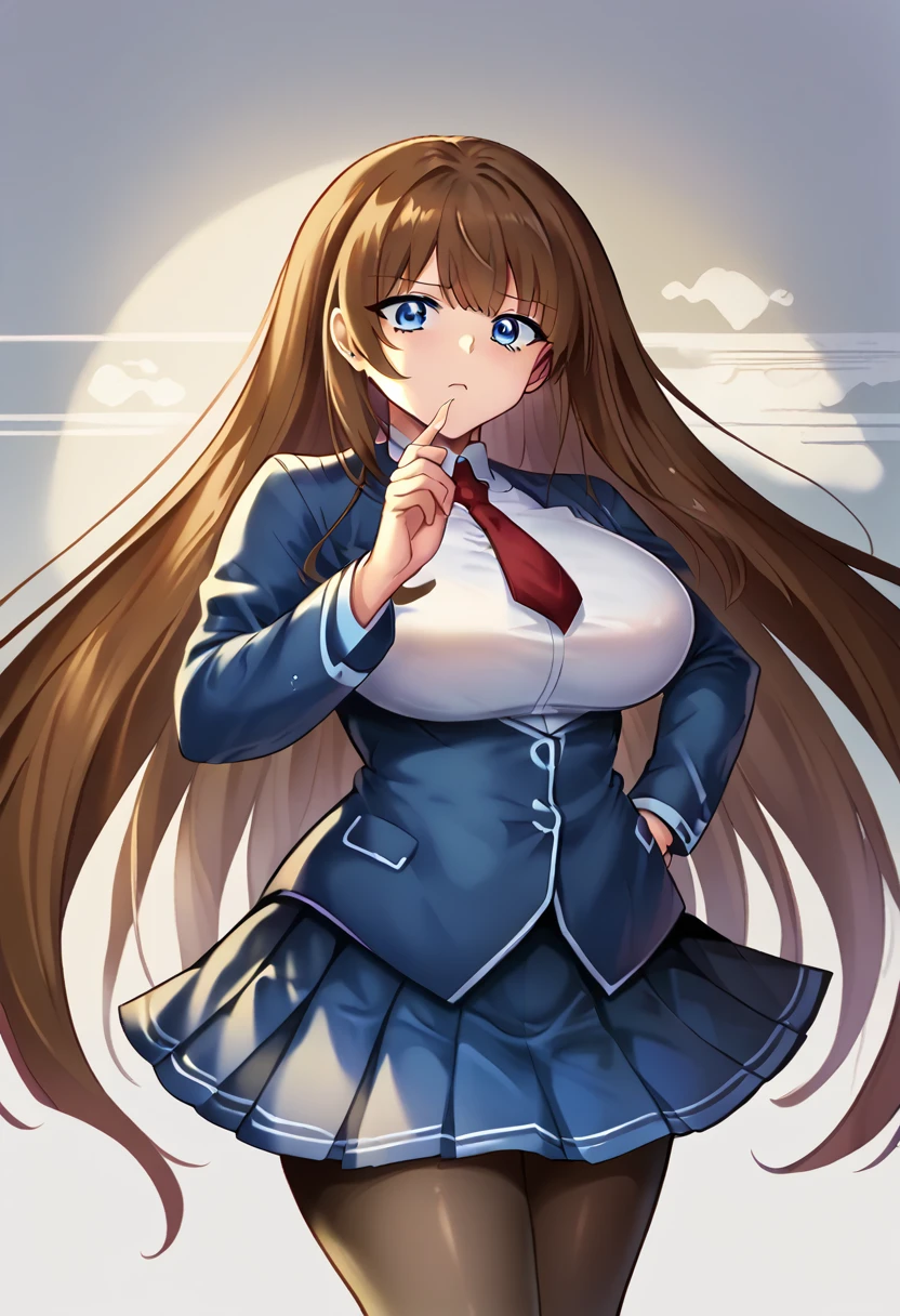 masterpiece, Highest quality, 1 person,( Large Breasts,Are standing, View your viewers,),Detailed Background、A person who writes in detail、Accurate human body、Knowledgeable person、Accurate 5 fingers,Mature Woman,Thick thighs,Curvy Body,明日香,blue eyes,very long hair,brown hair,black pantyhose,red necktie,pleated skirt,long sleeves,blue jacket,((Absolute area)),