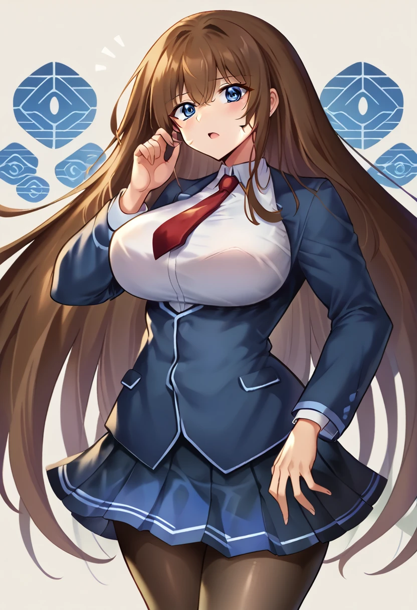 masterpiece, Highest quality, 1 person,( Large Breasts,Are standing, View your viewers,),Detailed Background、A person who writes in detail、Accurate human body、Knowledgeable person、Accurate 5 fingers,Mature Woman,Thick thighs,Curvy Body,明日香,blue eyes,very long hair,brown hair,black pantyhose,red necktie,pleated skirt,long sleeves,blue jacket,((Absolute area)),