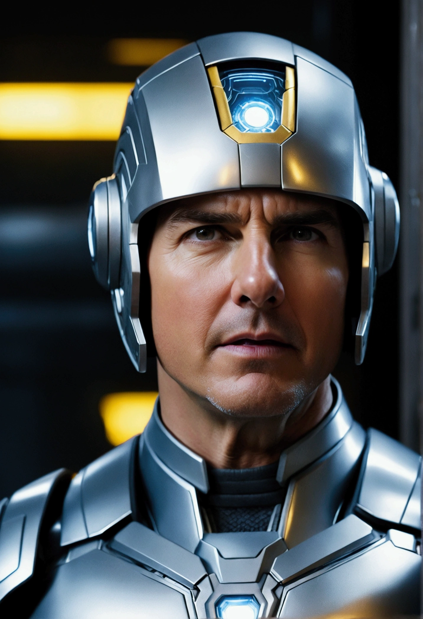 Tom Cruise in silver Iron Man armor, he has a kind of silver tiara with a yellow light in the middle, Your eyes are a very strong, bright shade of blue, he is in a dark technological room with several computers and security cameras, realistic, detailded