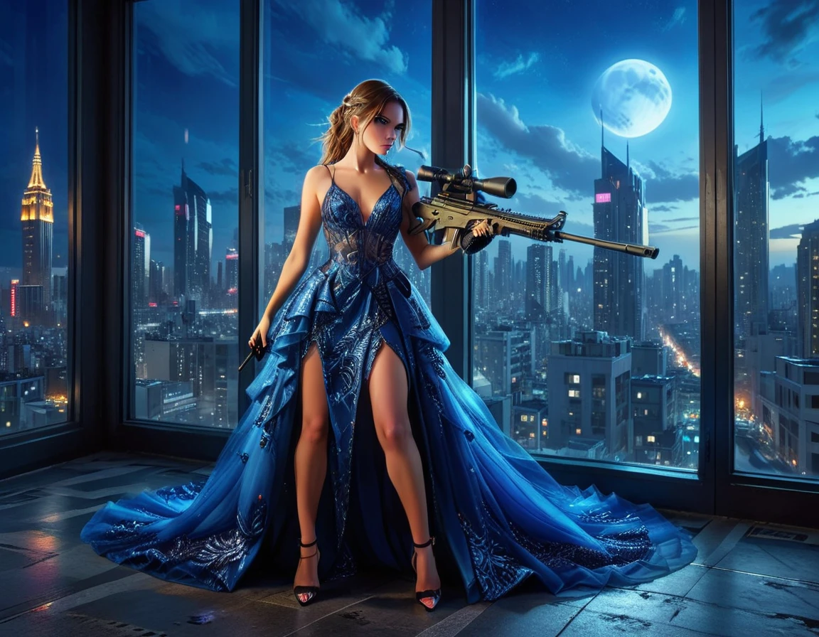 a portrait picture of a 1single woman sniper, standing in a window aiming a sniper rifle, an exotic beautiful woman sniper, dynamic hair, braided hair, full body shop, intense blue eyes, ultra detailed face, wearing (intricate evening dress: 1.5), elegant dress, dynamic color, dynamic style, wearing elegant stiletto heels , behind a window in a tall building at nigh, aiming a Light Sniper Rifle , cyberpunk city background, its night time, moon rays, some clouds,  (full body shot: 1.1) , vibrant, Ultra-high resolution, High Contrast, (masterpiece:1.5), highest quality, Best aesthetics), best details, best quality, highres, ultra wide angle, 16k, [ultra detailed], masterpiece, best quality, (extremely detailed) Sniper Rifle, evening dress