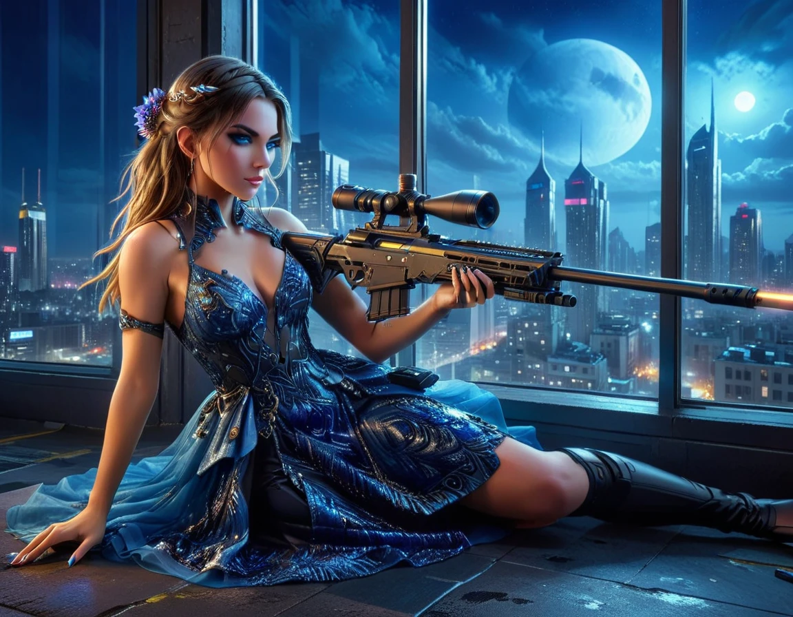 a portrait picture of a 1single woman sniper, standing in a window aiming a sniper rifle, an exotic beautiful woman sniper, dynamic hair, braided hair, full body shop, intense blue eyes, ultra detailed face, wearing (intricate evening dress: 1.5), elegant dress, dynamic color, dynamic style, wearing elegant stiletto heels , behind a window in a tall building at nigh, aiming a Light Sniper Rifle , cyberpunk city background, its night time, moon rays, some clouds,  (full body shot: 1.1) , vibrant, Ultra-high resolution, High Contrast, (masterpiece:1.5), highest quality, Best aesthetics), best details, best quality, highres, ultra wide angle, 16k, [ultra detailed], masterpiece, best quality, (extremely detailed) Sniper Rifle, evening dress