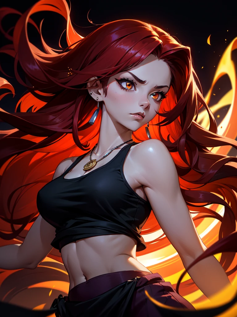 (((Portrait Photo))), She has a Fierce, Determined Appearance of a -Yeld, w a Slim yet Strong Build, Exuding Confidence and Power. Her Long, Flowing Red Hair, Styled in Loose Waves, Cascades Down Her Back, Framing Her Face with Intense Energy. Her Piercing Orange Eyes, Glowing Like Embers, Radiate a Resolute and Commanding Presence. She Wears a Lightweight Palazzo Pants Paired with a Fitted Tank Top, and a Long Pendant Necklace for a Comfortable yet Stylish Outfit. (((High Quality, Dark Background))), (((Portrait Photo)))