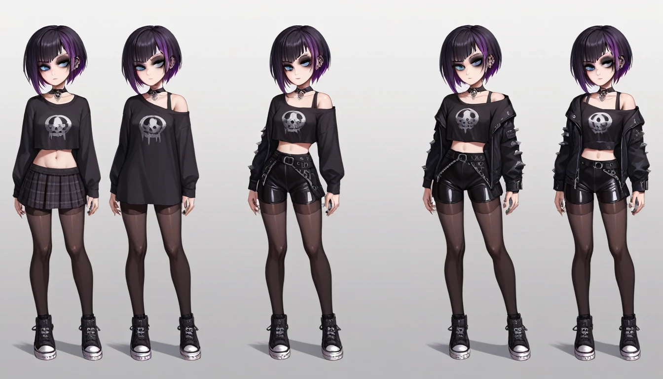 Solo, score_9,score_8_up,score_7_up, source_girl, goth girl, teenage female, black hair, goth style hair, wearing black bike shorts, black spandex shorts, 1.3, goth makeup, fishnet, wearing goth clothes, goth, emo, goth outfit, standing, solo, full body, blue eyes, black clothes, plaid skirt, black spandex shorts, (short hair), character design, paper doll sheet, (purple highlights), Black and purple hair,