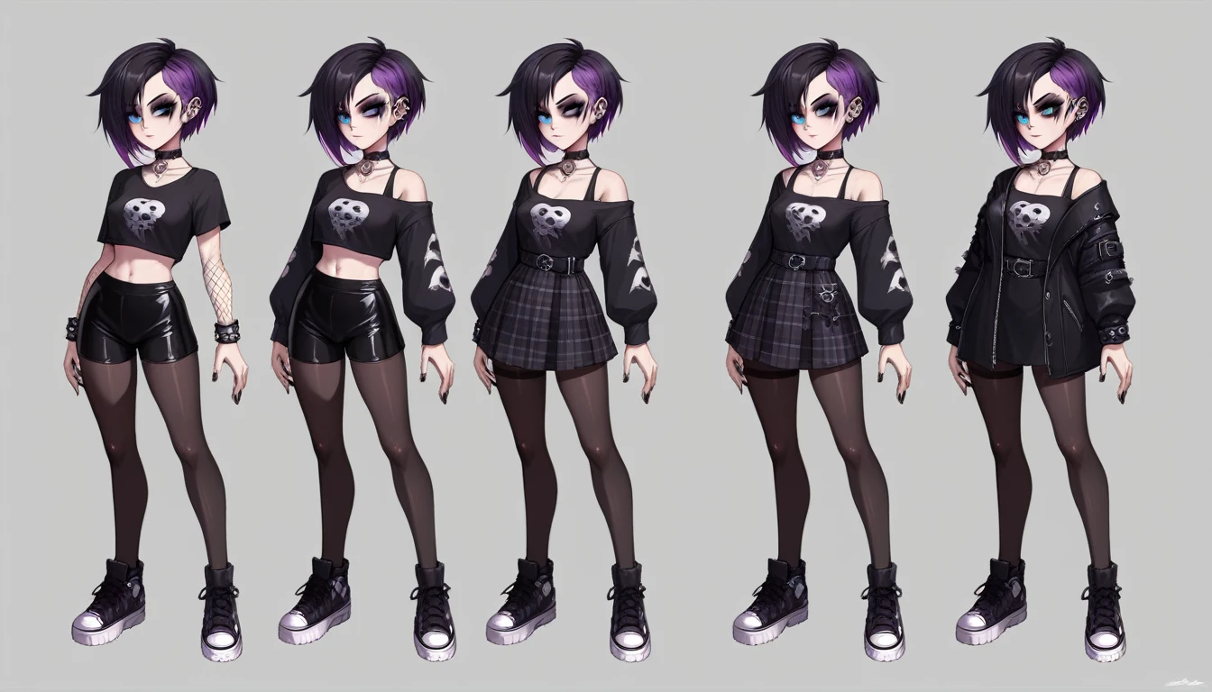 Solo, score_9,score_8_up,score_7_up, source_girl, goth girl, teenage female, black hair, goth style hair, wearing black bike shorts, black spandex shorts, 1.3, goth makeup, fishnet, wearing goth clothes, goth, emo, goth outfit, standing, solo, full body, blue eyes, black clothes, plaid skirt, black spandex shorts, (short hair), character design, paper doll sheet, (purple highlights), Black and purple hair,