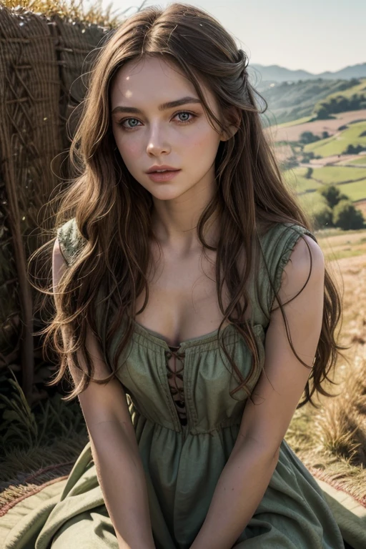 a beautiful medieval peasant woman, simple dress, flowing long hair, simple expression, natural light, golden hour, cinematic, detailed face, green eyes, detailed lips, panoramic background, rolling hills, cinematic mood, dramatic lighting, photorealistic, 8k, masterpiece