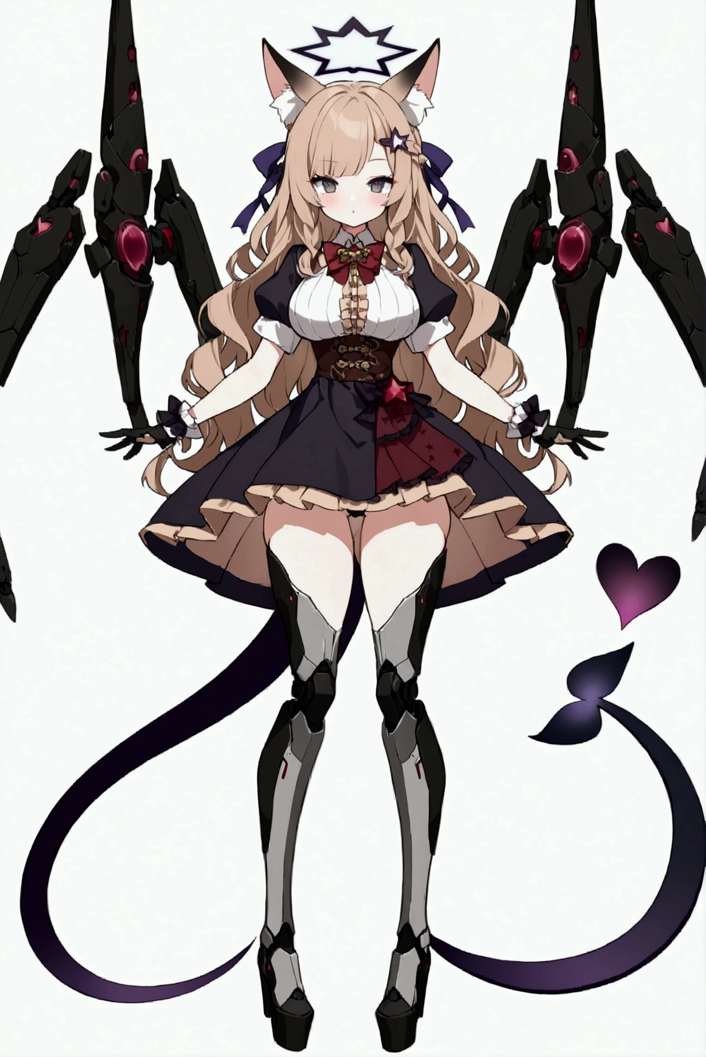 Woman 180cm tall, big chest, wide hip, slim build, charming look, (dark blonde hair), ((hip length loose wavy hair, asymmetrical bangs, star hairpin)), (a short braid on the left and right side of the hair tied with an elegant purple ribbon), (small ribbons at the back of the hair), ((Gray eyes with a pink 4-pointed star in the pupil)), (two black fox ears located on the top of the head), (luminous black halo in the shape of a 4-pointed star on the head), ((It has a small black succubus tail that ends in the shape of a heart)), (((It has complex mechanical legs that reach up to the thighs., The legs are dark gray with small burgundy and black details))), (elegant knee length one piece dress, small Vinotinto bowtie on the neck of the dress, white bust with vertical black lines, lace and ruffle skirt, short sleeves with ruffles, medium tape on the back of the hip of the dress, ribbon decorations and star patterns on the dress), black ruffled gloves, Black platform heels, gray belt at the waist with a large ribbon with a luminous pink heart in the middle, black necklace with a heart pendant on the neck, (((character design sheet: front view))), ((whole body)), extremely detailed beautiful hair, beautiful detailed dress, extremely detailed arms, extremely detailed face, (Extremely detailed hands), perfect hands, small face, Beautiful detailed eyes, beautiful detailed lips, adorable, extremely detailed legs, (Best Quality, 8k, high resolution), ultra detailed, Exquisite and epic character art, ((White background)), (Focus on symmetry), (beautiful detailed succubus tail), (only one woman in the picture)