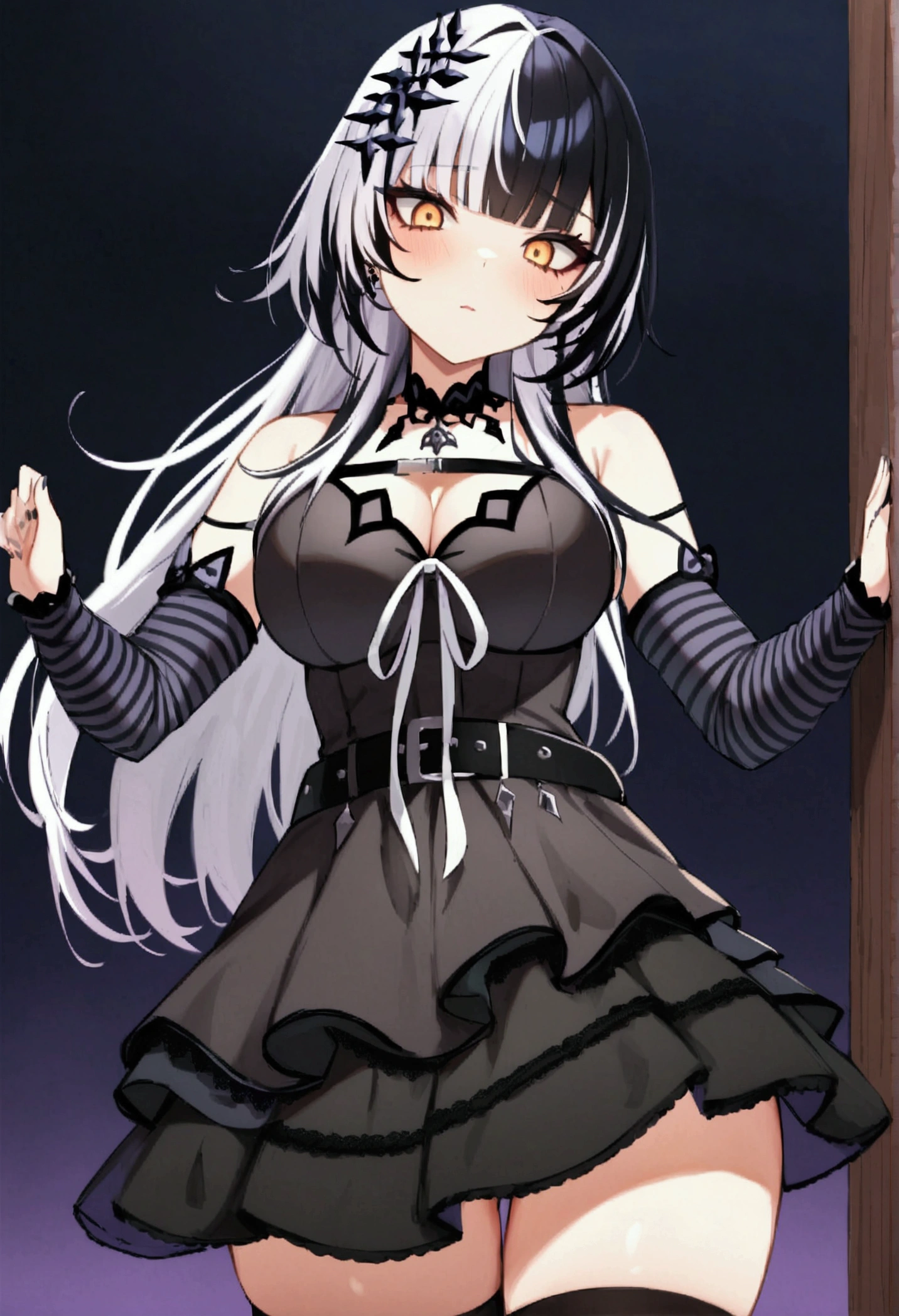 masterpiece, best quality, 1girl, shiori novella, Hololive, holoadvent, cowboy shot, ShioriBase, split-color hair, white hair, black hair, yellow eyes, hair ornament, lace choker, black dress, layered dress, sleeveless, cleavage, chest belt, white ribbon, black belt, striped thighhigh, fishnet socks, mismatched legwear, arms strap, arm warmers, breasts, solo, striped, thighhighs, large breasts, jewelry, dress, looking at viewer, detached sleeves, multicolored hair, long hair, striped sleeves, bangs, belt, bare shoulders,