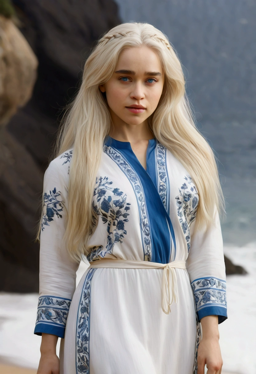 Meilleure texture, haute qualité, Ultra HD, 8k, tenue d' sexy , A photorealistic portrait of a 20-year-old Norwegian girl with long, flowing white hair
and striking blue eyes. He must have a natural and accessible expression and
be illuminated by the soft golden light of the sun. The background must be a landscape
an outdoor setting, perhaps on the edge of a cliff on an island or on a sunny beach. Capture this image with high-resolution photography using an 85mm lens for a more flattering image.
Take the example of Emilia Clarke