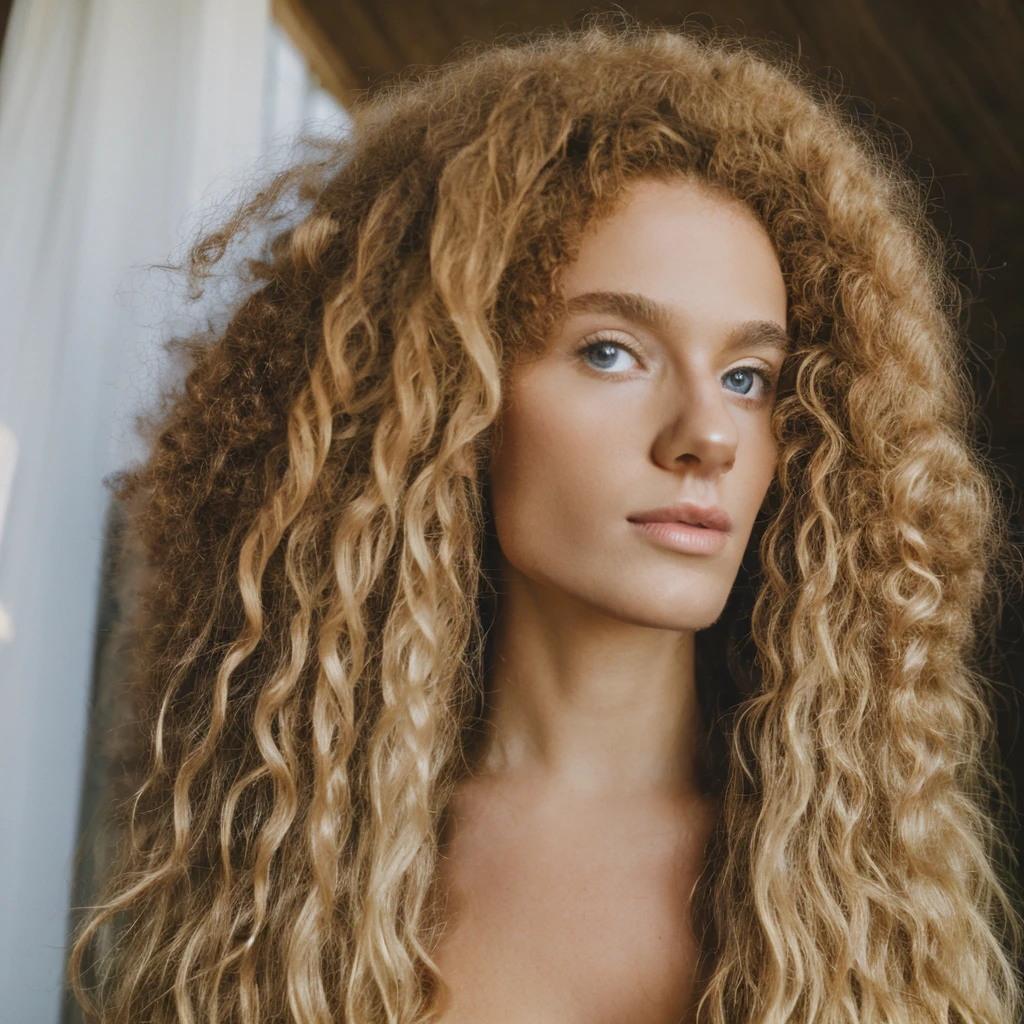Light blonde curly afro long hair pale girl