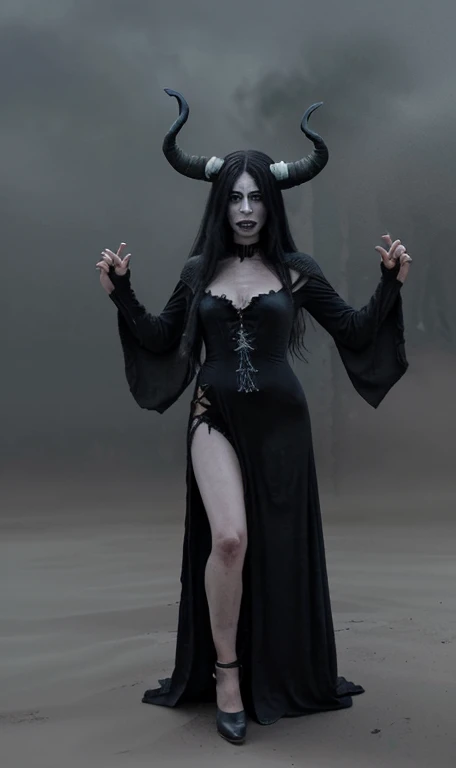 an image of a thin sexy woman succubus in dirty torn tattered rags, fit woman, large round busty saggy breasts, she has three large breasts, triple tits, pale skin beauty, busting out large tits, barefoot with dirty foot wraps, busting out of dress, long stiff dirty hair,full body in view, she has horns on her head, black lips, black pupils, black sclera , black sclerosis, black nail polish on finger nails and toenails 