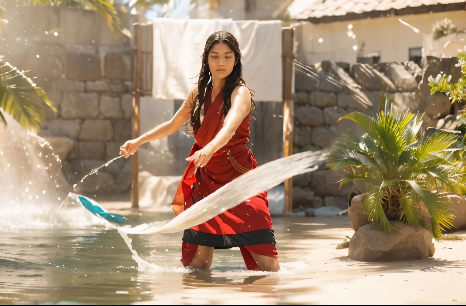 (Best quality, 8k, 32k, Masterpiece, UHD:1.2), "Transform the scene into a serene beach setting, featuring a skilled waterbender from the world of Avatar: The Last Airbender. The background showcases a picturesque shoreline with golden sands stretching out towards the turquoise ocean. Gentle waves lap against the shore, reflecting the sunlight in a dazzling display of light and color.
In the foreground, the waterbender stands poised and focused, their hands gracefully moving to control the flow of water around them. Streams of water rise and twist in response to their movements, forming intricate patterns in the air. The water reflects the waterbender's control, moving with precision and fluidity.
The beach setting is bathed in the warm glow of the sun, with clear blue skies overhead. Palm trees sway gently in the breeze, and seashells are scattered along the shore. The waterbender's attire is traditional, with flowing robes that move with the wind, emphasizing their connection to the water.
The overall atmosphere is one of harmony and mastery, capturing the elegance and power of waterbending. The scene should evoke a sense of tranquility and awe, highlighting the beauty of the natural world and the waterbender's profound connection to it."