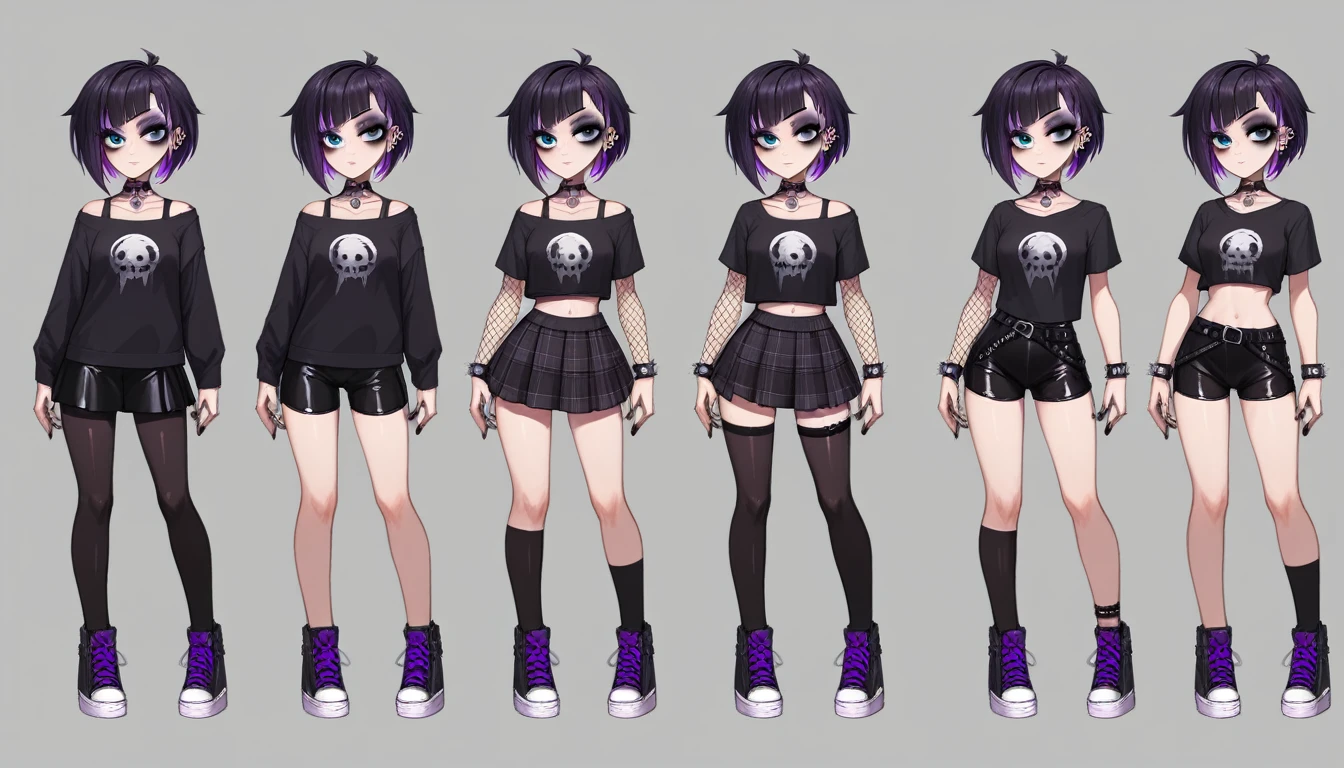 Solo, score_9,score_8_up,score_7_up, source_girl, goth girl, teenage female, black hair, goth style hair, wearing black bike shorts, black spandex shorts, 1.3, goth makeup, fishnet, wearing goth clothes, goth, emo, goth outfit, standing, solo, full body, blue eyes, black clothes, plaid skirt, black spandex shorts, (short hair), character design, paper doll sheet, (purple highlights), Black and purple hair,