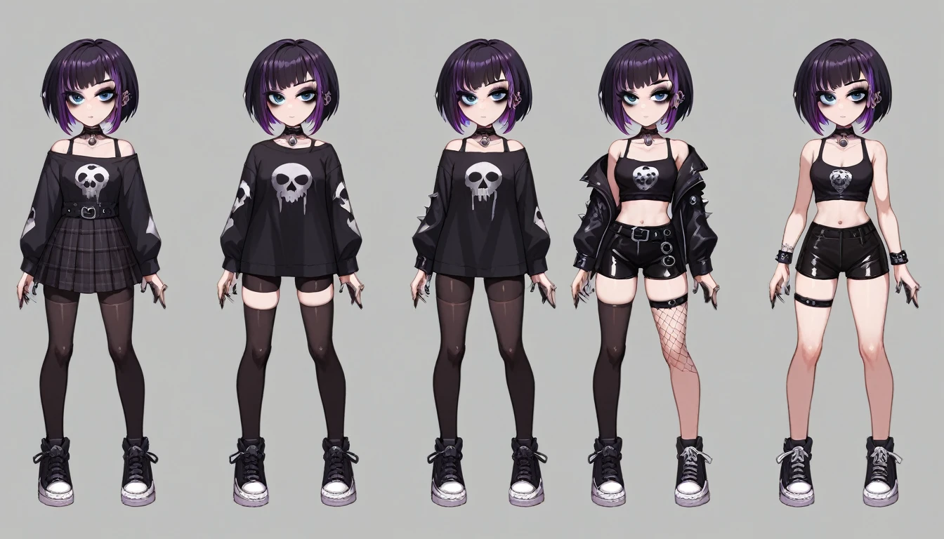 Solo, score_9,score_8_up,score_7_up, source_girl, goth girl, teenage female, black hair, goth style hair, wearing black bike shorts, black spandex shorts, 1.3, goth makeup, fishnet, wearing goth clothes, goth, emo, goth outfit, standing, solo, full body, blue eyes, black clothes, plaid skirt, black spandex shorts, (short hair), character design, paper doll sheet, (purple highlights), Black and purple hair,