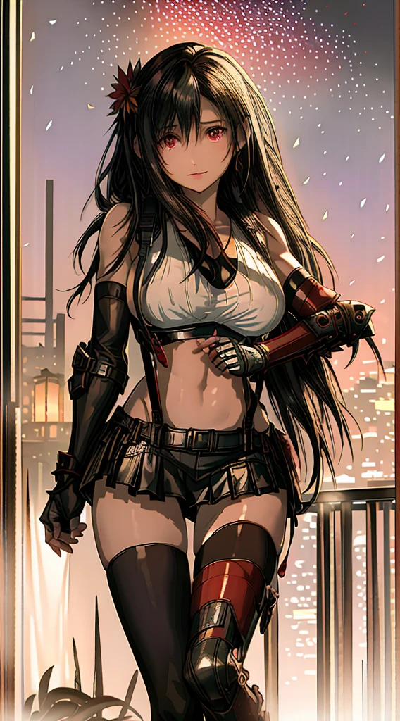 (8ｋ、highest quality、MASTERPIECE:1.2)、(photorealistic:1.3 of 7)、Super Detailed、girl 1 person、mature、solo、(Tifa Lockheart)、(big chest)、(((huge lift clothes to show bra)))、(((black bra)))、(beautiful eyes)、(smiling:1.2)、(Closed)、erotic pose、dance、neons、street scenery、Depth Of Field、Dark and strong shadows、Sharp focus、auto、motion blur、bike、Depth Of Field、composition、Glowing green light、Final Fantasy VII, (nose blush）、Single Elbow Pad、Ankle Boots、dark black hair、toned thighs、red boots、Elbow Gloves、Elbow pads、Fingerless Gloves、Taut Shirt、sports bra、（suspenders), (Black Skirt)、thights、white tank top、All over body、head rest、Lips、Facial、Low Tai Long Hair、(red_Ojo)、Yellow flowers、(night:1.3)、Complex、Bokeh、Cinematic Lighting、Photon mapping、Radiosity、physically based rendering、(Tetsuya Nomura Style)、NSFW、Perfect Breasts