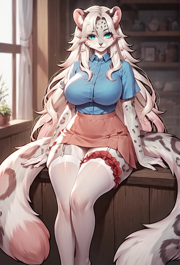 score_9, score_8_up, score_7_up, score_6_up, score_5_up, score_4_up, (solo), female anthro Snow leopard, blue shirt, mini skirt, lusty, fluffy body, long blond hair, turquoise eyes, sitting, (thick thighs:1.5) (she is standing) garter belt tights, big breasts, 